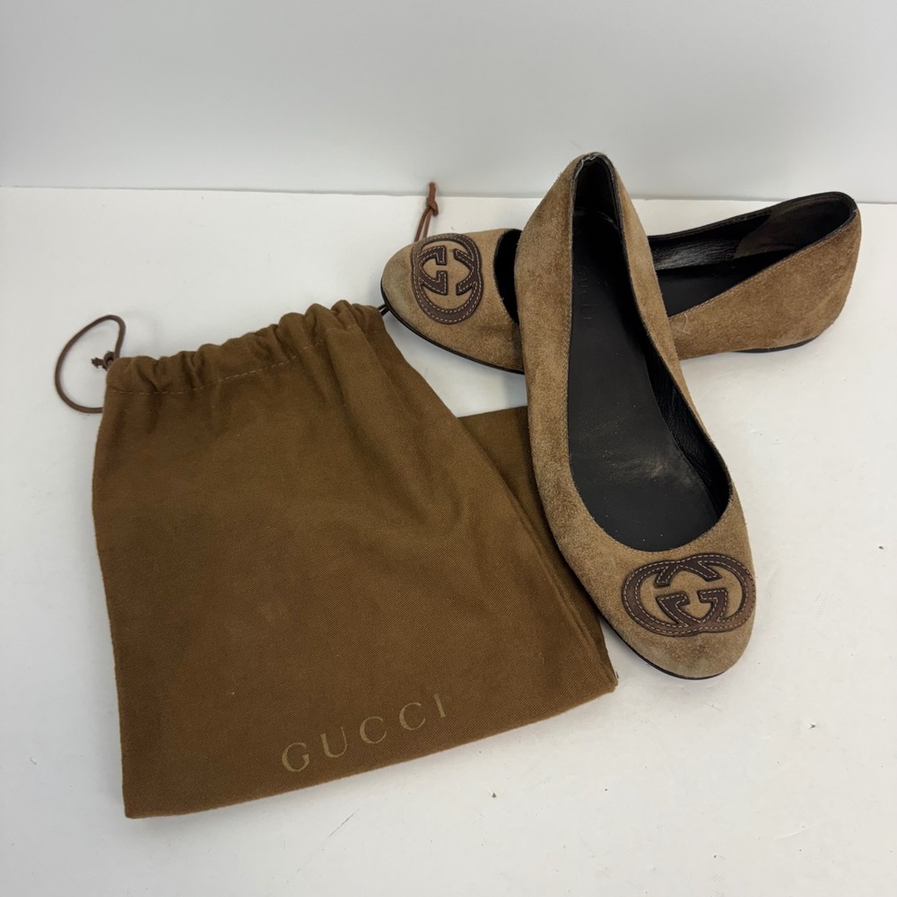Gucci Tan Suede Interlocking GG Logo Ballet Flats Size 36.5 Brown 184886